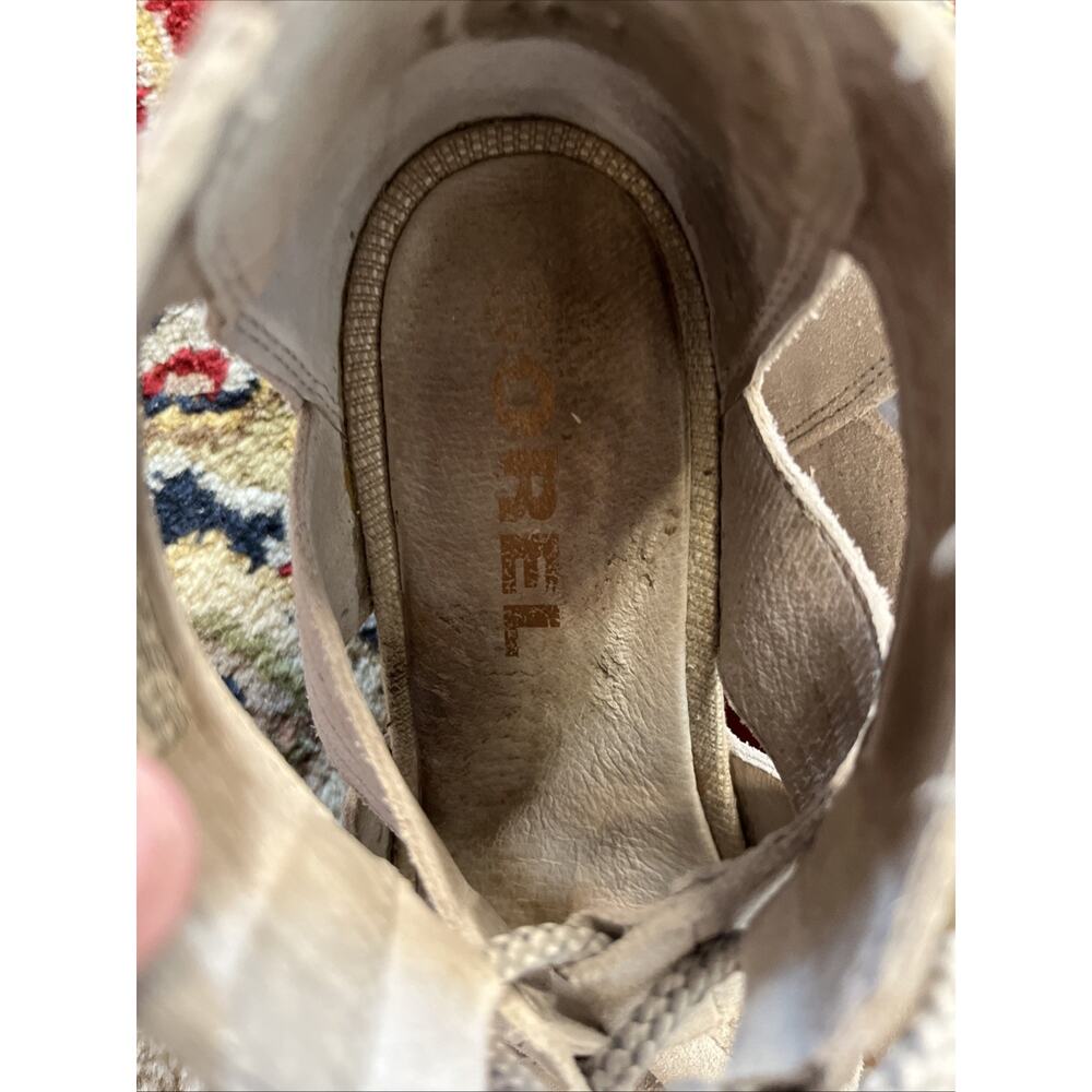 Sorel Joanie II Wedge Sz 9 EU 40 Sandals Heel Lace Up Tie Taupe Leather Strappy - Picture 13 of 14
